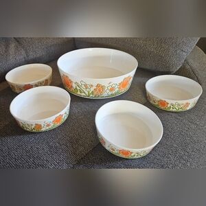 Vintage Sterilite Floral Nesting Bowl Set Retro Orange Green Plastic (5 Pc)